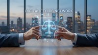 Business professionals discussing digital ethics with holographic justice scales and network icons over city skyline at sunset through office windows.