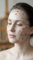 Young Caucasian woman with artistic face painting featuring golden lines and colorful floral elements for creative beauty and wellness concepts.