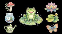 Smiling green frog on lily pad surrounded by mushroom, lotus flower, water lily, butterfly, and watering can. Isolated on transparent background, ready for clipart, t-shirt design, stickers, and print-on-demand projects.
