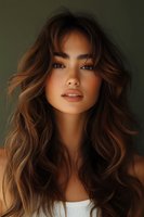 Young Asian woman with flowing brown wavy hair and natural makeup poses against dark background. Soft lighting creates dramatic portrait mood for beauty and fashion content.