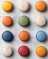 Colorful French macarons arranged in rows on marble background, including yellow, white, orange, green, blue and red varieties, shot from above with soft lighting.