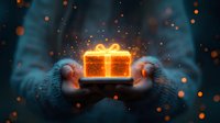Glowing magical gift box floating between hands in winter knit mittens against dark background with sparkles and bokeh lights creating festive atmosphere.