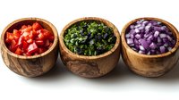 Fresh diced vegetables in wooden bowls - tomatoes, chopped herbs and red onions arranged in row on white background for cooking preparation.