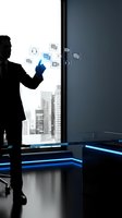 Businessman in dark suit interacting with floating digital communication icons on futuristic touchscreen interface in modern office with city skyline view.