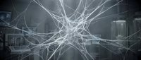 Interconnected white neural network lines radiating outward against dark background, representing digital connectivity, artificial intelligence, data flow, and technological innovation for web design and tech concepts.