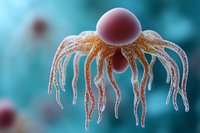 Microscopic view of virus particle with crown-like spikes on turquoise background showing detailed structure of viral pathogen for medical and scientific visualization.