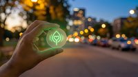 Hand holding glowing green wireless signal icon against blurred urban street at dusk with bokeh lights. Represents 5G technology, connectivity, and digital communication for telecommunications concepts.