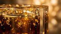 Golden cola drink with ice cubes in glass against warm bokeh background for beverage advertising and refreshment concepts.
