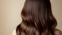 Luxurious brunette hair with soft waves cascading down, showcasing healthy shine and volume against neutral beige background. Perfect for beauty advertising.