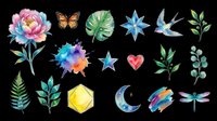 Watercolor botanical and nature elements collection featuring pink peony, butterfly, monstera leaf, blue star, bird, green foliage, paint splash, geometric crystal, crescent moon, rocket, dragonfly, and heart. Isolated on transparent background, ready for t-shirts, clipart, stickers, sublimation, and print-on-demand designs.