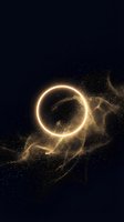 Glowing golden circle with sparkling particles and flowing energy streams on dark background for luxury design projects and digital art concepts.