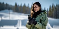 Young woman in green winter jacket smiling while checking smartphone at snowy mountain resort with ski slopes in background.