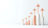 Upward trending business graph with coral and white cylindrical columns topped with arrows showing growth progression against minimal background.