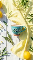 Turquoise ceramic teacup with olive branch pattern surrounded by fresh herbs, lemons and yellow fabric on white wooden surface for kitchen and dining concepts.