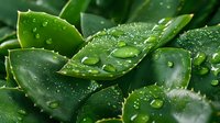 Fresh water droplets on vibrant green succulent leaves create natural pattern with morning dew, macro photography shows plant details in garden setting.