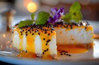 Creamy cheesecake slices topped with caramel sauce, black sesame seeds and purple edible flowers on white plate. Elegant dessert with golden bokeh background.