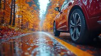 Red car on wet autumn road with vibrant orange foliage in forest. Dramatic low angle view captures reflection on rainy asphalt and yellow road marking in misty atmosphere.