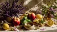 Rustic still life with fresh lavender, apples, lemons, herbs, and honey on wooden table, bathed in warm sunlight for food photography.