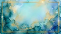 Watercolor abstract background with soft turquoise, gold, and deep blue flowing washes creating an ethereal cloudy effect, ideal for design projects.