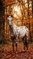 Spotted horse standing in autumn forest with golden foliage and falling leaves, ideal for equestrian and seasonal nature themes.
