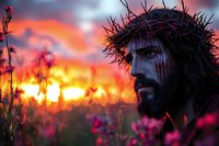 Profile view of bearded man wearing crown of thorns against dramatic sunset sky and wildflowers, artistic religious representation in modern setting.