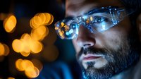 Middle Eastern man with beard wearing glasses illuminated by glowing bokeh lights in dark environment, creating dramatic technological atmosphere for business concepts.