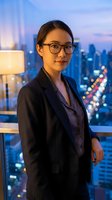 Professional Asian businesswoman in glasses and dark suit standing by office window with city skyline at dusk for corporate presentations and marketing materials.