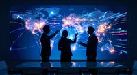 Business professionals analyzing global network connections and data visualization on digital world map display for international commerce strategy.