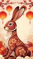 Ornate rabbit with floral patterns sits gracefully against red lantern backdrop for Chinese New Year celebrations and Asian festival decorations.