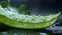 Fresh aloe vera leaf with pure water drops on dark background, extreme macro photography showing natural moisturizing properties in skincare and cosmetics.