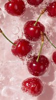 Fresh red cherries splashing in clear water with bubbles creating dynamic motion for food photography and culinary designs.