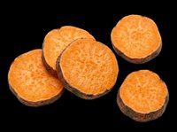 Sliced sweet potato rounds isolated on transparent background, ready for culinary design, recipe graphics, food packaging, print-on-demand products, and digital cooking content.