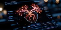 Glowing heart-shaped blood vessel system with branching arteries on dark digital background with code elements and bokeh lights. Medical visualization concept.