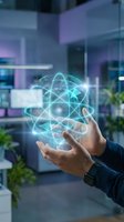 Businessman holding glowing atom hologram in modern office environment, representing science, technology, innovation, and digital transformation in corporate workspace setting.