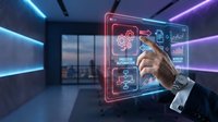 Businessman in formal suit interacting with glowing neon holographic interface displaying automation, gears, and data analytics in modern office setting.