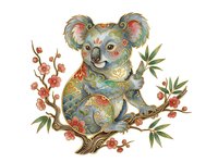 Decorative koala with ornate patterned fur sitting on branch with red berries and green leaves, isolated on white background for design projects, clipart, and merchandise applications.