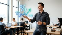 Young male professional with dark hair and olive complexion presenting growth rate and rise statistics with upward arrow graphic in modern office setting with diverse colleagues working at desks, suitable for business presentations and financial growth concepts.