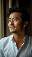 Confident Asian businessman in white shirt looking up thoughtfully with warm smile in modern office setting for professional corporate content.