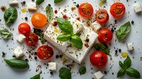 Fresh cherry tomatoes and feta cheese cubes scattered with basil leaves, olive oil and spices on light background, top view Mediterranean food styling.