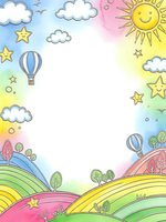 Colorful cartoon landscape frame with rainbow hills, smiling sun, clouds, stars and hot air balloons. Cheerful children illustration border for nursery decor.