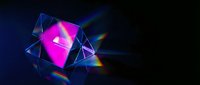 Glowing neon cube with vibrant magenta and blue light rays on dark background, suitable for tech and digital design projects.