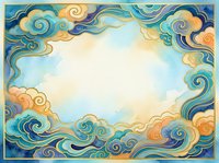 Decorative swirling cloud border frame with ornate spiral patterns in blue and gold tones creating elegant space for text or design elements.
