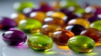 Colorful liquid gel capsules in purple, green, amber and clear scattered on reflective surface with soft focus background. Macro pharmaceutical photography.