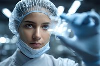 Young female medical professional in protective cap and surgical mask against blurred hospital background with dramatic lighting and medical staff.