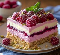 Fresh raspberry cheesecake slice with layered pink mousse, cookie crust, topped with powdered sugar dusted berries and mint leaves on ceramic plate.