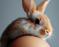 Adorable orange and white baby bunny rabbit resting on brown egg, close-up portrait showing soft fur texture and gentle expression against neutral background.