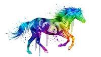 Vibrant rainbow watercolor horse in motion with paint splashes and drips on white background. Artistic equine silhouette for creative design projects.