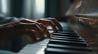 Close-up of hands playing piano keys in soft natural light, capturing the intimate moment of musical performance with dramatic shadows and texture.