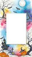 Halloween watercolor frame with spooky trees, bats, pumpkins, haunted house and full moon. Blank space for text or design elements on colorful background.