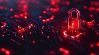 Glowing red padlock icon on digital circuit network background with neon light effects, representing cybersecurity and data protection in technology.